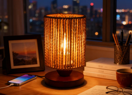 Handmade Rattan Lamp Boho Table Lamp for Bedroom, Small Woven Lamps for Night Stands with Warm White LED Bulb, Coastal Boho Lamp for Living Room Reading Nook Office Desk, 12cm Shade 20cm Height