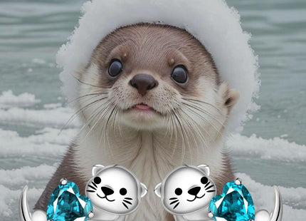 Birthstone Otter Earrings: 925 Sterling Silver Animal Stud (Mar.)