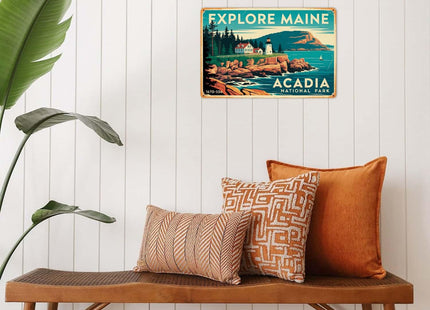 Explore Maine Acadia National Park Tin Sign Lighthouse Wall Decor (8X12 IN)