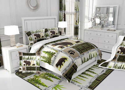 Feelyou Kids Adult Rustic Cabin Comforter Set,Rustic Bear Bedding Set Queen Size,Forest Wild Animals Comforter,Farmhouse Patchwork White Green Plaid Lodge Bed Set