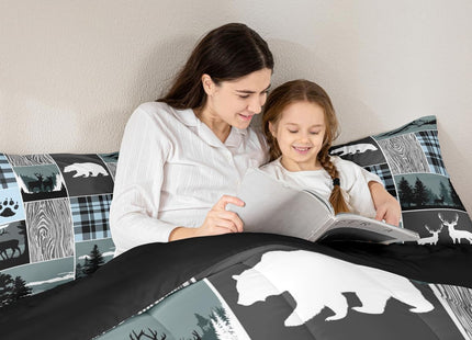 Plaid Bear Cabin Comforter Set, Rustic Farmhouse Camper Bedding Set Full, Gray Blue Hunting Christmas Deer Duvet Insert Woodland Lodge Wild Animal Quilt Sets For Kids Boys Teens Adult Bedroom