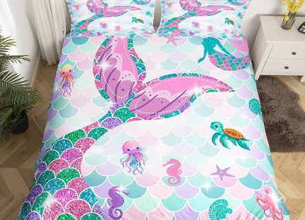 Erosebridal Mermaid Bedding Set,Nautical Sea Animal Kawaii Duvet Cover Full Mermaid Gifts for Girls,Fish Scale Sparkle Sequins Comforter Cover Ocean Bed Sets Aquarium Marine Life Bedroom Decor…