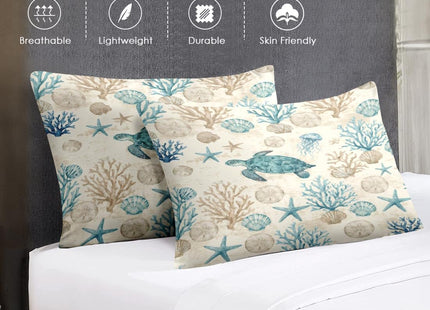 WeCozy Queen Comforter Set with Sheets, 7 Pieces Turtle Coastal Bedding