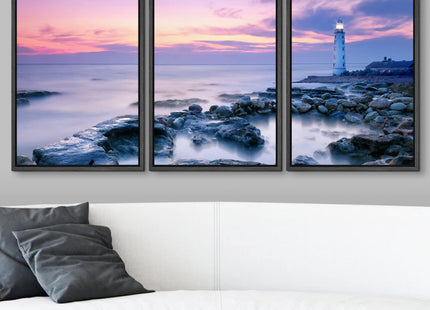 wall26 3 Piece Framed Canvas Wall Art - Lighthouse - Modern Home Art Stretched and Framed Ready to Hang - 16"x24"x3 Black