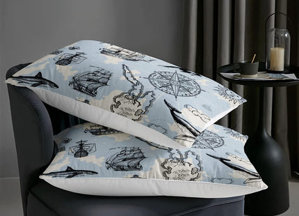 Retro Ocean World Map Comforter Set Queen, Pirate Ship Anchor Compass