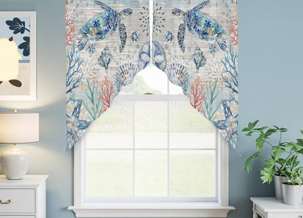 Ocean Sea Turtles Nautical Swag Valances for Windows Rod Pocket Kitchen Window Curtains Over Sink, Rustic Wood Beach Kitchen Curtains Sets, Swag Curtains Valance for Living Room, 28"x36" Set of 2