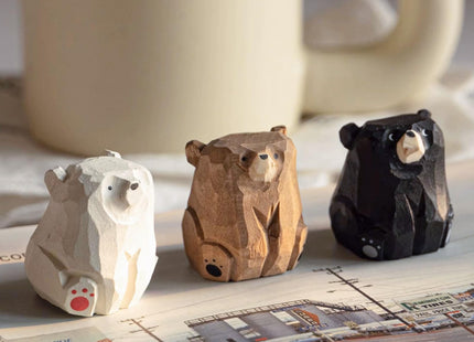 COVRA 2-Pack Handmade Carved Wooden Bear Figurines, 1.4" Sitting Bear Statues, Solid Wood Mini Decor for Bedroom, Office, Playroom, Art Carving Ornament, Gift Idea (Black Bear)