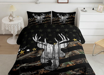 Deer Hunting Bedding Camo Antlers Bedding Comforter Sets for Boys Teens Youth Men Camouflage American Flag Comforter Set Wildlife Elk Moose Duvet Insert White Black Bedroom Decor 2 Pcs, Twin Size