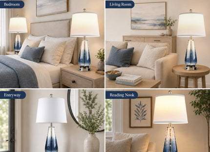 27'' Blue Table Lamps Set of 2, Large Glass Lamps, Modern Coastal Lamps