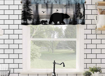 JanJCurt Rustic Bear Valance, Retro Woodland Wild Animals Farmhouse Country Wooden Board Pine Forest Bear Bird Print Rod Pocket Short Window Treatment for Kitchen Bedroom Bathroom, 54x18inch