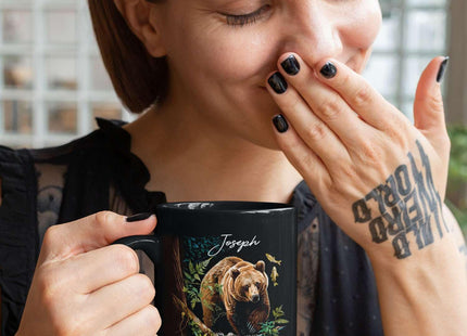 Cute Bear In Forest Design Mug, Customized Name Animal Lover Cup, Novelty Bear Design Black Mug, Personalized Bear Themed Coffee Cup, Gift For Son Daughter, Custom Animal Mug 11oz 15oz