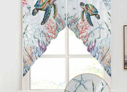 Lsrtoss Sea Turtle Swag Valances for Windows 2 Pack, Kitchen Window Curtains 36 Inch Length, Coastal Nautical Coral Beach Starfish Swag Curtains for Living Room/Bathroom with Rod Pocket 36"x36"