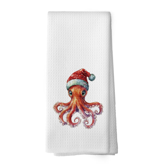 Mcehtle Christmas Coastal Octopus Kitchen Towels, Octopus Gifts, Christmas Coastal Beach Hand Towel for Bathroom Kitchen Decor, Xmas Ocean Marine Life Decorative Tea Towels Dish Towel 16x24 Inch