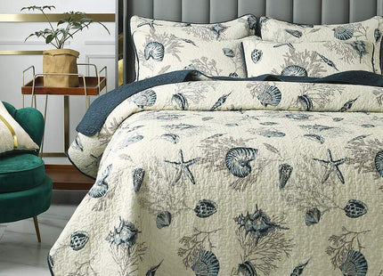 Brandream Queen Size Blue Ocean Quilted Comforter Set Nautical Bedding Set 100% Cotton Bedspread Coverlet Set 3-Piece