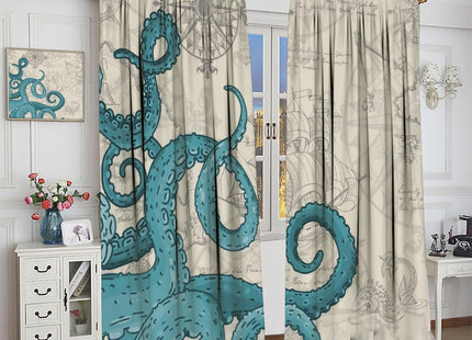 SHElifestyle Blue Nautical Octopus Curtains, Ocean Kraken Anchor Beach Window Treatments Vintage Coastal Map Pirate Ship Window Drapes for Bedroom Living Room Kitchen 63x72in