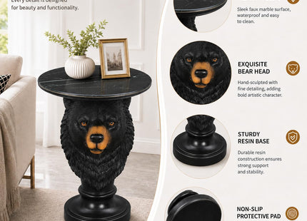 Sprgarde Luxury Bear Side Table, Black Faux Marble Top Accent End Table, Decorative Animal Sculpture Furniture for Living Room, Bedroom, Entryway Home Decor