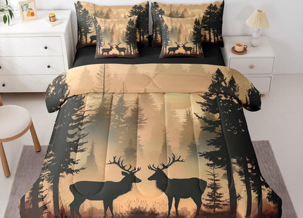 Erosebridal Wildlife Deer Queen Bedding Set 7 Piece Cabin Farmhouse Bed in A Bag with Sheets Rustic Country Comforter Set for Kids Adults,Sunset Pine Tree Bed Sets