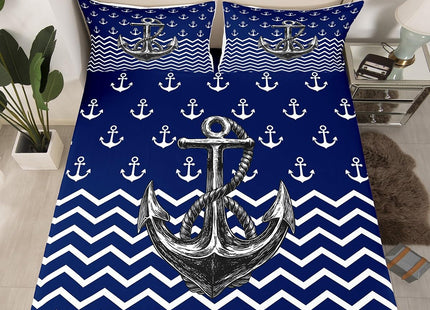 Nautical Anchor Sheet Set Twin Size Navy Blue White Geometric Stripes Bedding Set 3Pcs Kids Boys Teens Room Decor Abstract Ocean Waves Bed Sheet Sea Adventure Fitted + Flat Sheet,1 Pillowcase