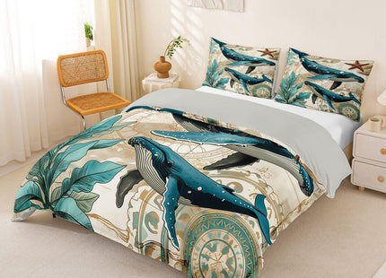 Whale Duvet Cover Queen,Nautical Coastal Comforter Cover,3D Whale Print Decorative Bedding Retro Marine Life Quilt Cover Teal Sea Animal Bedding Sets Ocean Park Theme Bedspreads Cover Kids Boys Girls