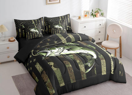 Erosebridal Bass Fish Comforter Set with Sheets (7 Pieces,Twin Size) - Army Green American Flag Bedding Set for Kids Boys Teens Men Hunting Fishing Bed in A Bag Big Pike Fish Bedding Collections