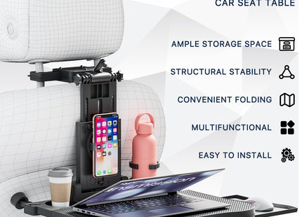 Car Back Seat Tray Table, Stable Foldable Auto Backseat Food Trays Desk for Rear Passenger Road Trip Eating & Work, Multifunctional Adjustable Travel Tray with Phone Drink Holder for Laptop iPad