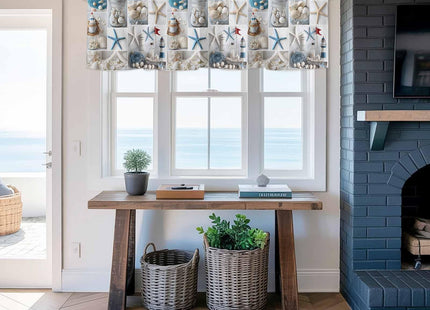 Nautical Valance Curtain for Window,Coastal Lighthouse Starfish Collage Plaid Rod Pocket Kitchen Valances Short Curtain Panel Summer Beach Conch Window Treatment Drape for Bathroom/Bedroom/Cafe