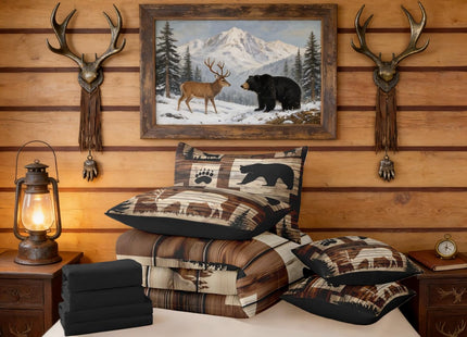 Erosebridal Rustic Cabin Patchwork Twin Bedding Set 7-Piece for Home, Hunting Camping Animal Comforter Set with Sheets, Bear Deer Forest Wildlife Bed in A Bag, Farmhouse Country Lodge Bed Sets
