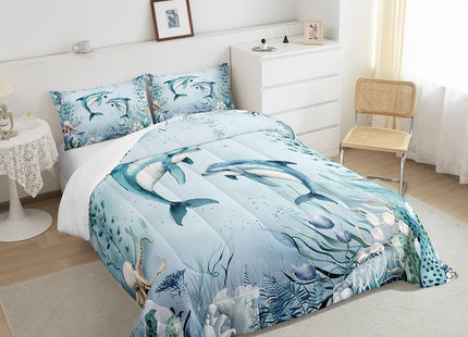Erosebridal Dolphin Teal Blue Comforter Set 7 Piece Bed in A Bag Twin