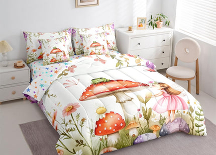 Erosebridal Fairy Garden Twin Bedding Set 7 Piece - Mushroom & Frog Comforter Set with Sheets for Kids Girls, Butterfly Floral Forest Themed Bed Set | Whimsical Fairies Fitted Sheet+Flat Sheet