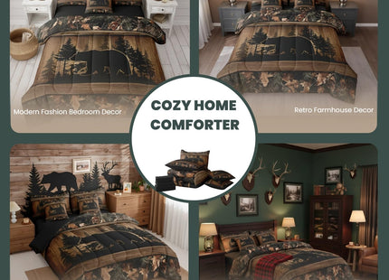 Erosebridal Farmhouse Black Bear Twin Comforter Set with Sheets 7 Piece Rustic Camo Bed in A Bag Country Cabin Lodge Bedding Sets for Kids Adults,Woodland Animal Bed Set