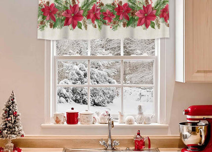 Merry Christmas Red Poinsettia Kitchen Curtain Valance, Window Curtain Valance Rod Pocket, 1 Panel Small Valances Window Treatment for Bathroom Living Room Cafe (54x18in Green Pine Tree Leaves)