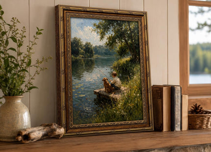 Jevoluntic Boy And Dog Framed Wall Art, Boy Fishing Wall Decor,12 x 16In