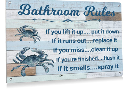 BEASTZHENG Funny Bathroom Rules Metal Tin Sign Wall Art Decor - Rustic Bathroom Quote Crab Sign for Toilet Restroom Decor Gifts