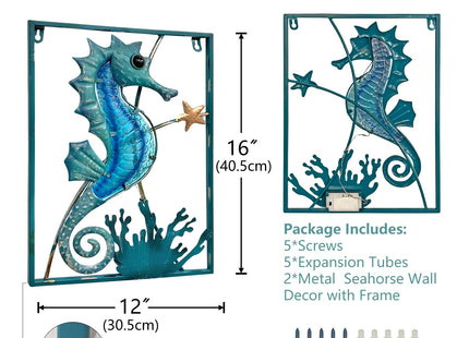 LIFFY Metal Wall Art Seahorse with Frame 13 LED lights,Beach Decor Fish Glass Sculpture Coastal Wall Hanging Ocean Theme Nautical Outdoor Decor for Patio,Garden,Yard,Pool,home gift(2pcs, Blue)