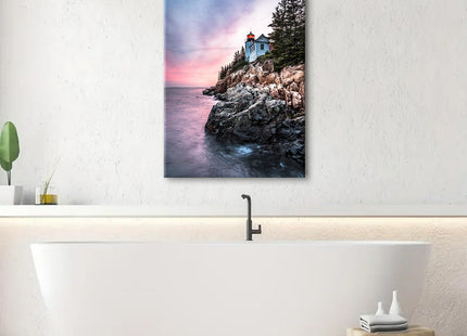 Maine Beach Wall Art Sunset Ocean Bass Harbor Lighthouse Wall Decor Nature Coastal Landscape Pictures Acadia National Park Canvas Painting Seascape Artwork for Bathroom Bedroom Home Decoration 24x36"