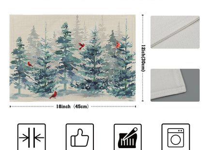 Winter Forest Tree Placemats Set of 4，Pine Tree Christmas Red Bird Heat Resistant Non Slip Place Mats Cotton Linen Tablemats for Dining Table Kitchen Decor 18 x 12 Inch