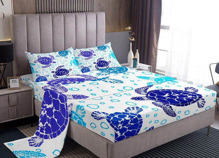 Sea Turtle Bedding Set King Kids Tortoise Fitted Sheet Underwater World Bed Sheet for Boys Girls Children Bedroom, Ocean Themed Home Decorative 4 Pcs Bedding Decor Set with 1 Flat &2 Pillowcases