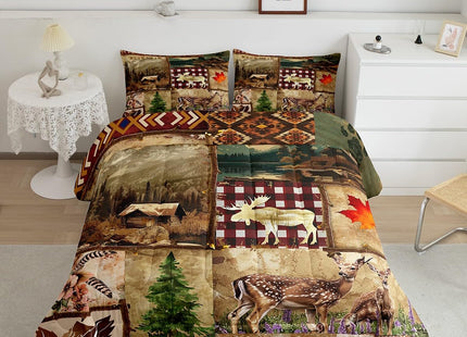 Hunting Deer Comforter Set Full Farmhouse Decor,Elk Reindeer Moose Woodland Animals Wildlife Bedding Set,Rustic Wood Cabin Style Down Comforter,Southwestern Aztec Boho Buffalo Plaid Patchwork Quilt
