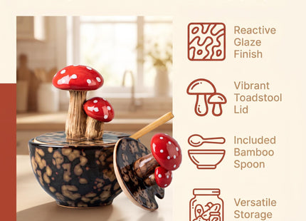 Black Ceramic Mushroom Salt Cellar Jar with Lid and Spoon Salt Box Holder