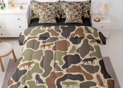 Erosebridal Camo Wolf Bed in A Bag 7 Pcs Camouflage Wild Animals Comforter Set for Kids Boys Girls Green Military Nature Wildlife Bedding Sets Full Army Woodland Hunting Sheet Set with Comforter