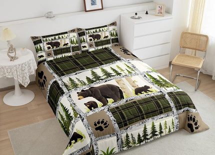 Feelyou Kids Adult Rustic Cabin Comforter Set,Rustic Bear Bedding Set Queen Size,Forest Wild Animals Comforter,Farmhouse Patchwork White Green Plaid Lodge Bed Set