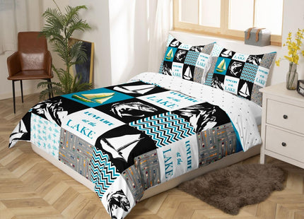 Lake House Duvet Cover Full Size,Retro Sailboat Fishing Comforter Cover Geometric Plaid Ripple Patchwork Bedding Set Rustic Farmhouse Bedspread Cover For Kids Boys Teens,Blue Black White,Corner Ties