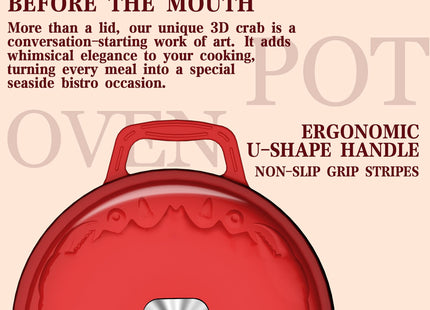 DUTZUN Enameled Cast Iron Dutch Oven - 5 Quart, Crab Lid (Patented), Oversized Knob, for Bread Baking Braiser, Cooking Stock Pot - Red