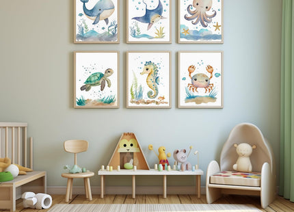 Wodkwq 6 Pcs Ocean Theme Wall Art for Kids Room,Coastal Nursery Decor,Blue Starfish Shell Pictures Boho Sailboat Canvas Painting Modern Beach Prints Wall Decor for Bedroom Bathroom 8x10in Unframed