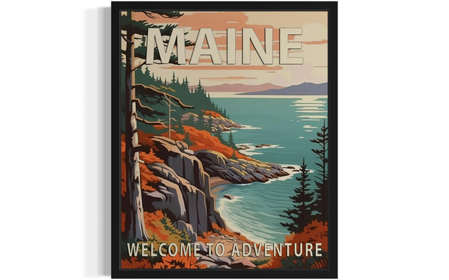 Maine State Scenery Unframed Poster Art Print, Retro States Landscape Wall art Decor, Adventure Mountain and Scenery Painting for Bedroom, Living Room 42 (Maine, 10"L x 8"W, Unframed)