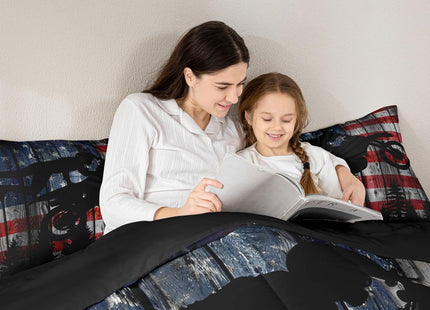 Homewish American Flag Bedding Set Full Size Boys Dirt Bike Racing Motocross Rider Comforter Set Kids Teens Men Rustic Farmhouse Wooden Quilt Set Retro Black Pine Tree Silhouette Duvet Insert 3pcs