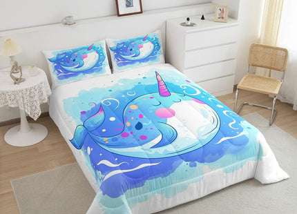 Cute Narwhal Comforter Set Twin for Kids Youth,Ranibow Unicorn Bedding Set Gifts for Girls,Cartoon Ocean Whale Duvet Insert Blue Tie Dye Quilt Nautical Ocean Themed Bedroom Decor,Breathable Cozy