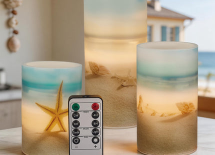 Velsyn Beach Flameless LED Candles with Remote and Timer, Seashell & Starfish Pillar Unscented Real Wax, Ocean Decor for Home Bedroom Wedding Coastal Room, 3" x 4",5",6", Set of 3(Beach)