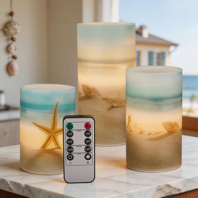 Velsyn Beach Flameless LED Candles with Remote and Timer, Seashell & Starfish Pillar Unscented Real Wax, Ocean Decor for Home Bedroom Wedding Coastal Room, 3" x 4",5",6", Set of 3(Beach)