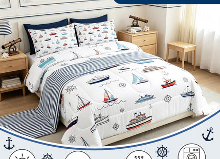 Nautical Bedding Set Queen Size,Coastal Beach Comforter Set with 2 Pillow Cases Sailboat Anchir Print Quilt for Kids Teens Boys Men Bedroom Decor,Navy Blue Red White Soft Microfiber Duvet Insert 3Pcs